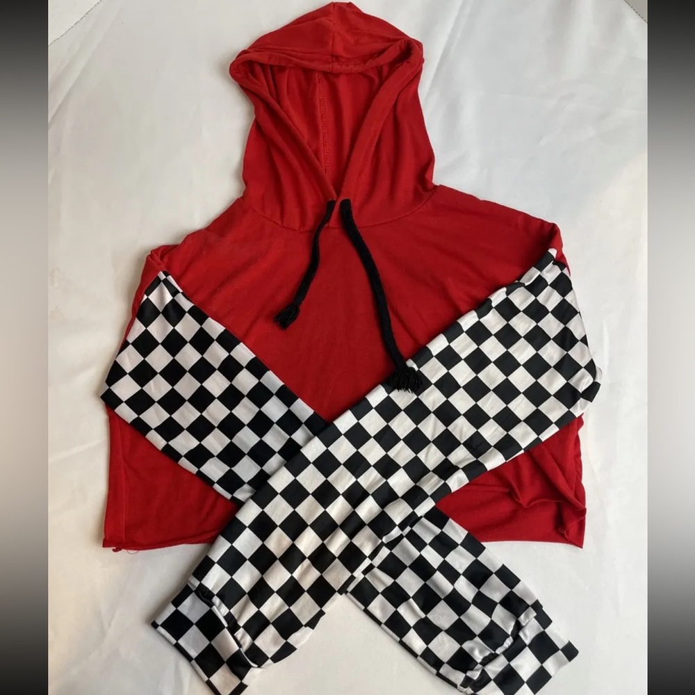 Red Cropped Long-Sleeve with Checkered Sleeves Hooded with Tie Size S